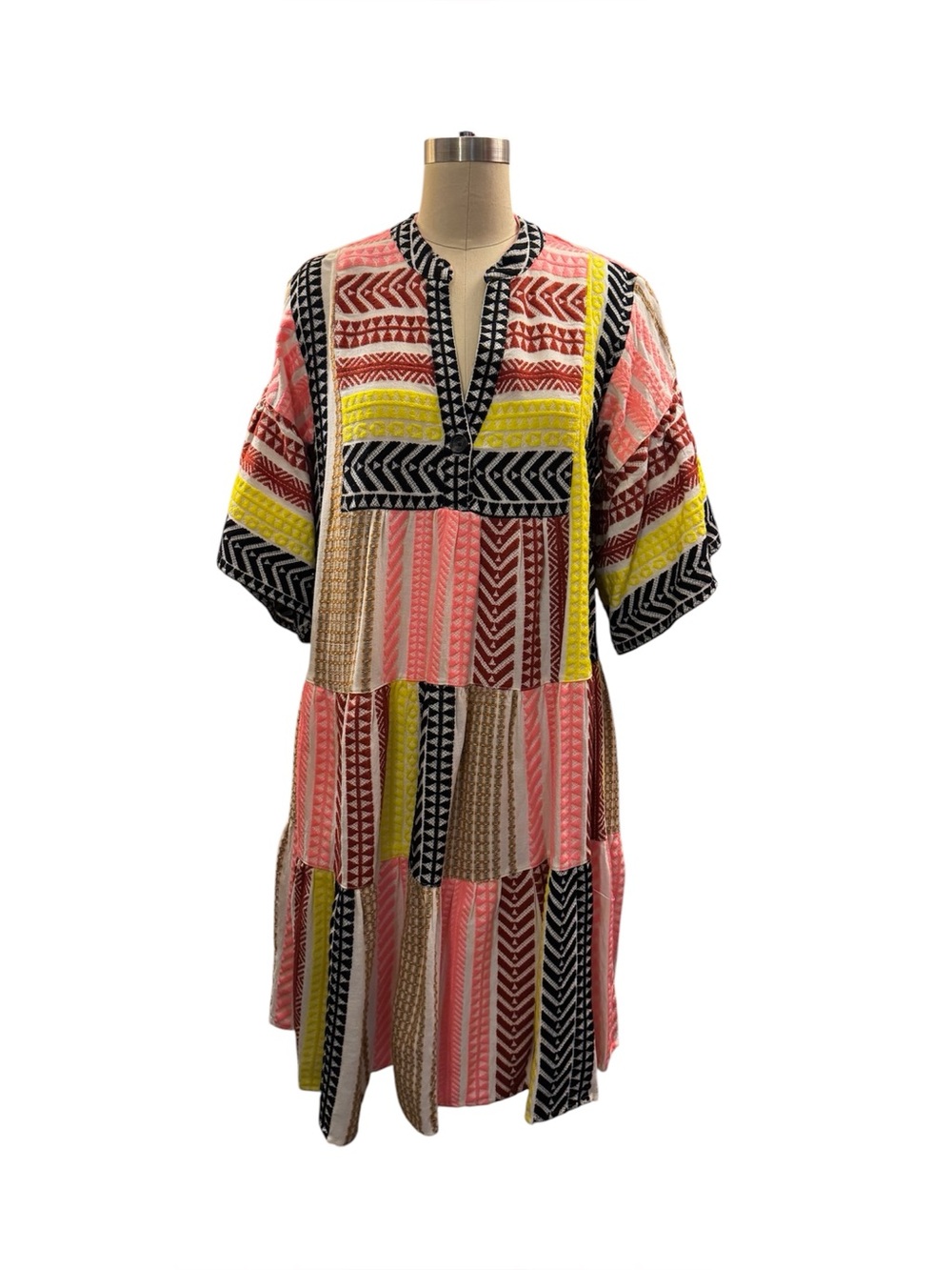 Uncle Frank Size Medium Boho Embroidered Tunic Dress Pink Yellow Geometric Print